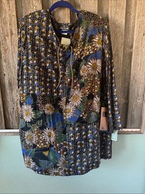 Carole Little Navy, Green and Gold Floral Patchwork Blouse/Tunic